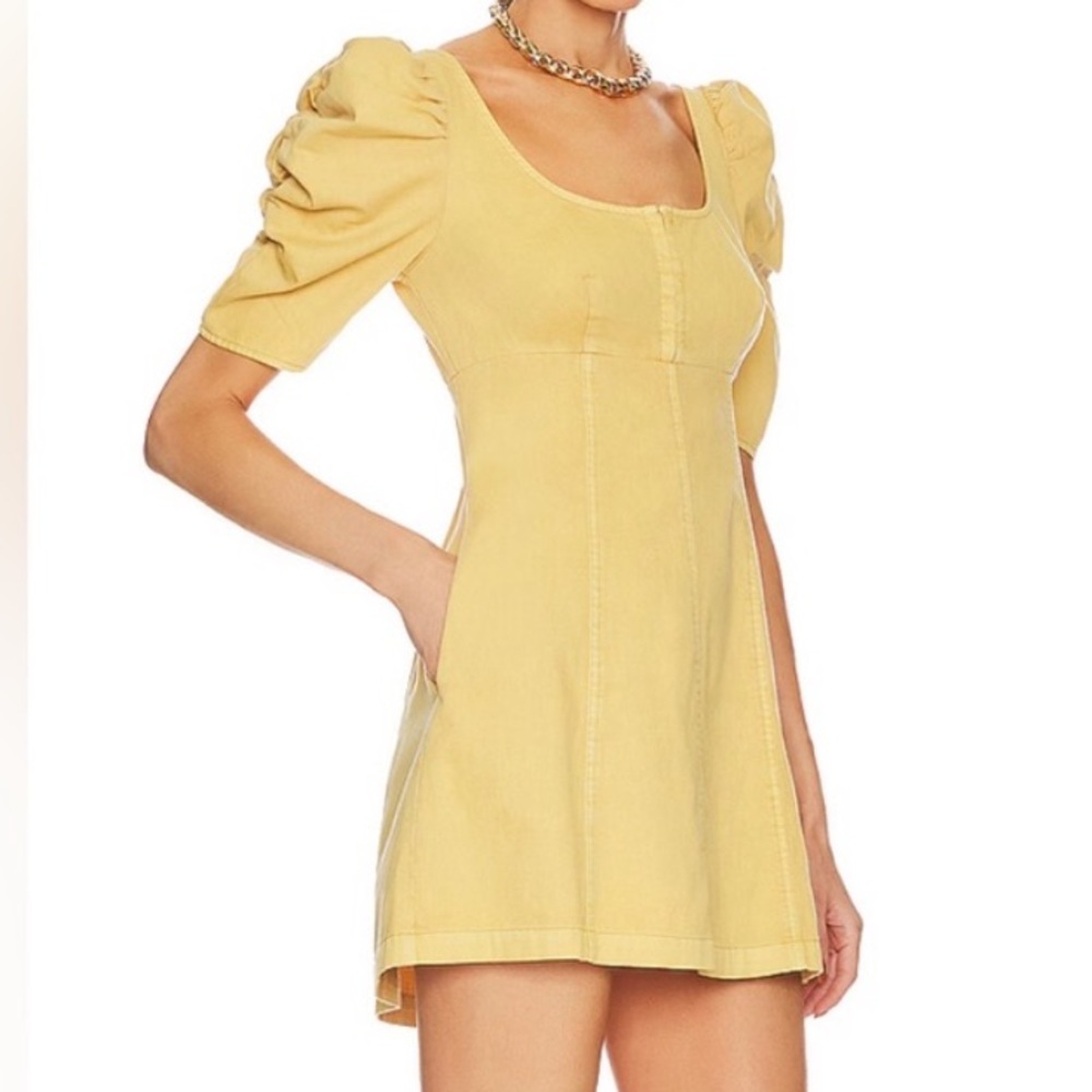 Free People Cheyenne Denim Mini dress in a yellow/sand dune color large cotton